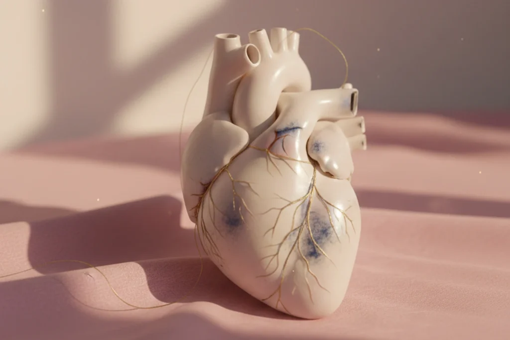 Apstraktna skulpturalna ilustracija anatomskog srca u nežnim roze tonovima, sa finim
linijama koje simbolizuju emocionalne ožiljke, potisnutu napetost i dugotrajnu
unutrašnju adaptaciju.