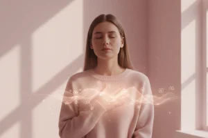 Žena stoji zatvorenih očiju sa rukom na grudima, u mekom svetlu i roze tonovima, a svetlosna grafika preko tela simbolizuje unutrašnje senzacije, disanje i emocionalnu regulaciju.
