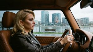 Atraktivna plavuša, sređena kao za Instagram, sedi tužna u luksuznom automobilu gledajući nebodere Beograda na vodi.