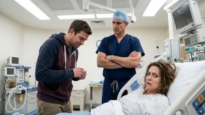 Doktor u porodilištu grdi muža zbog neumesne šale, dok porodilja gleda u neverici i gađenju.