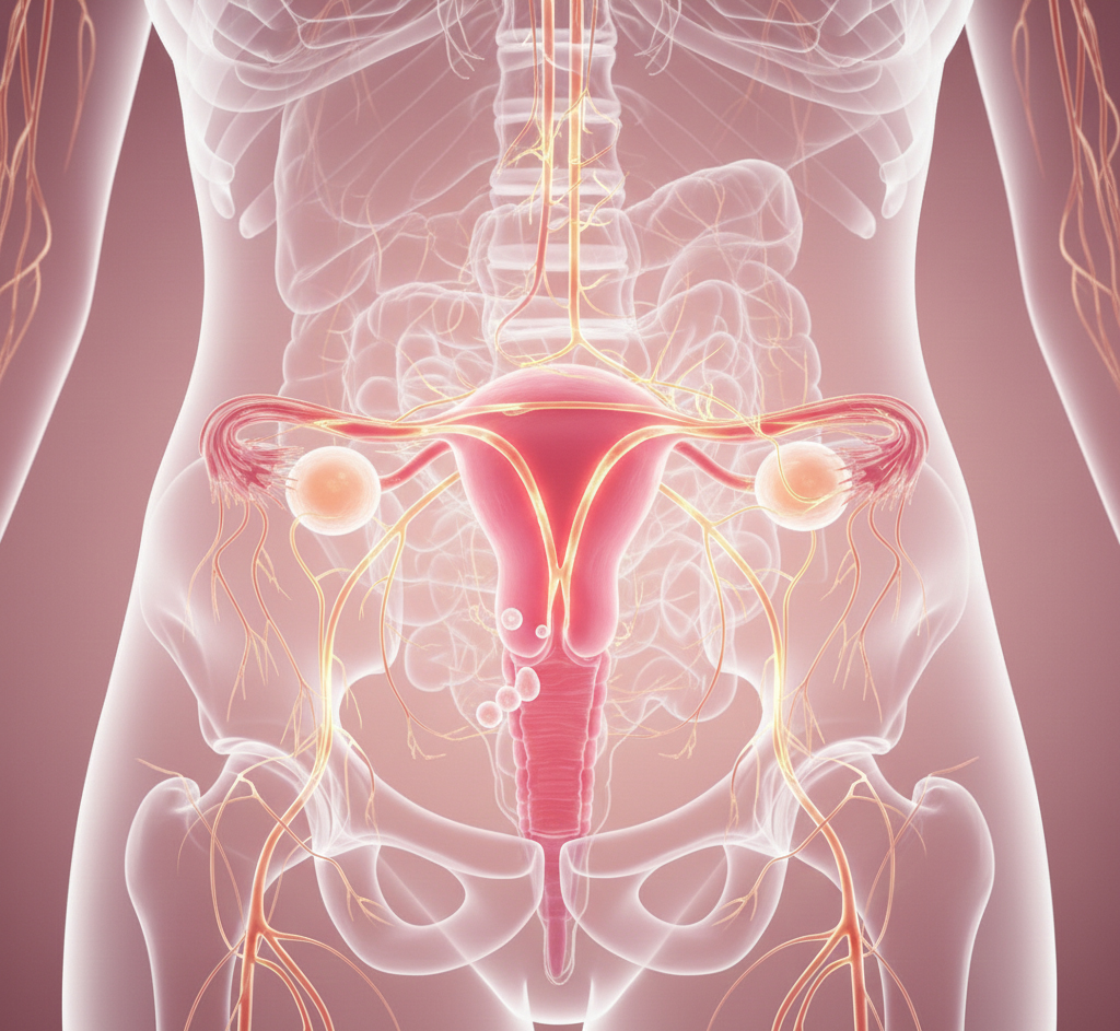 Stilizovana anatomska ilustracija ženskog reproduktivnog sistema u nežnim roze i zlatnim tonovima, prikazuje matericu, jajnike i nervne završetke unutar prozirne siluete ženskog tela.
