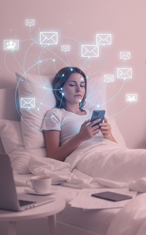 Krupni plan žene koja leži u krevetu odmah nakon buđenja, držeći telefon u ruci u polumraku sobe. Iznad njene glave lebdi kompleksna, svetlucava mreža digitalnih ikona (mejlovi, obaveštenja, poruke) koja simbolizuje trenutnu neurološku preopterećenost i reaktivnost.