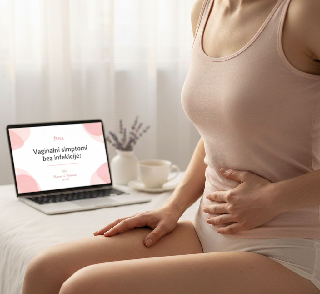 Krupni kadar žene u nežno roze majici koja sedi na krevetu i drži ruku na donjem delu stomaka, dok se u pozadini vidi laptop sa naslovom bloga o vaginalnim simptomima, u svetlom ambijentu