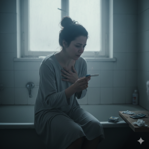 Žena sedi na ivici kade u kupatilu i kroz suze gleda u test za trudnoću, dok se pored nje nalaze lekovi