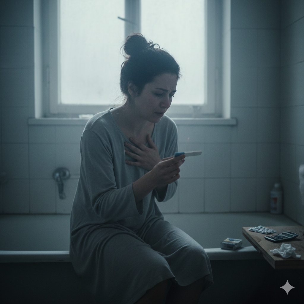 Žena sedi na ivici kade u kupatilu i kroz suze gleda u test za trudnoću, dok se pored nje nalaze lekovi