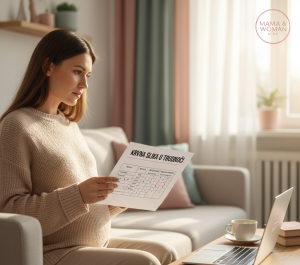 Trudnica sedi na kauču u svetlom dnevnom boravku i pažljivo čita papir sa rezultatima krvne slike, dok se u pozadini vidi laptop i logotip Mama & Woman bloga.