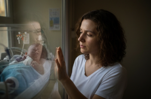 Žena stoji uz stakleni zid neonatalne jedinice i gleda bebu u inkubatoru, sa dlanom naslonjenim na staklo