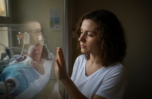 Žena stoji uz stakleni zid neonatalne jedinice i gleda bebu u inkubatoru, sa dlanom naslonjenim na staklo