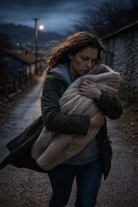 Žena hoda sama niz seoski put u malom mestu tokom noći, držeći bebu čvrsto uz sebe, umotanu u debelo ćebe, dok vetar duva