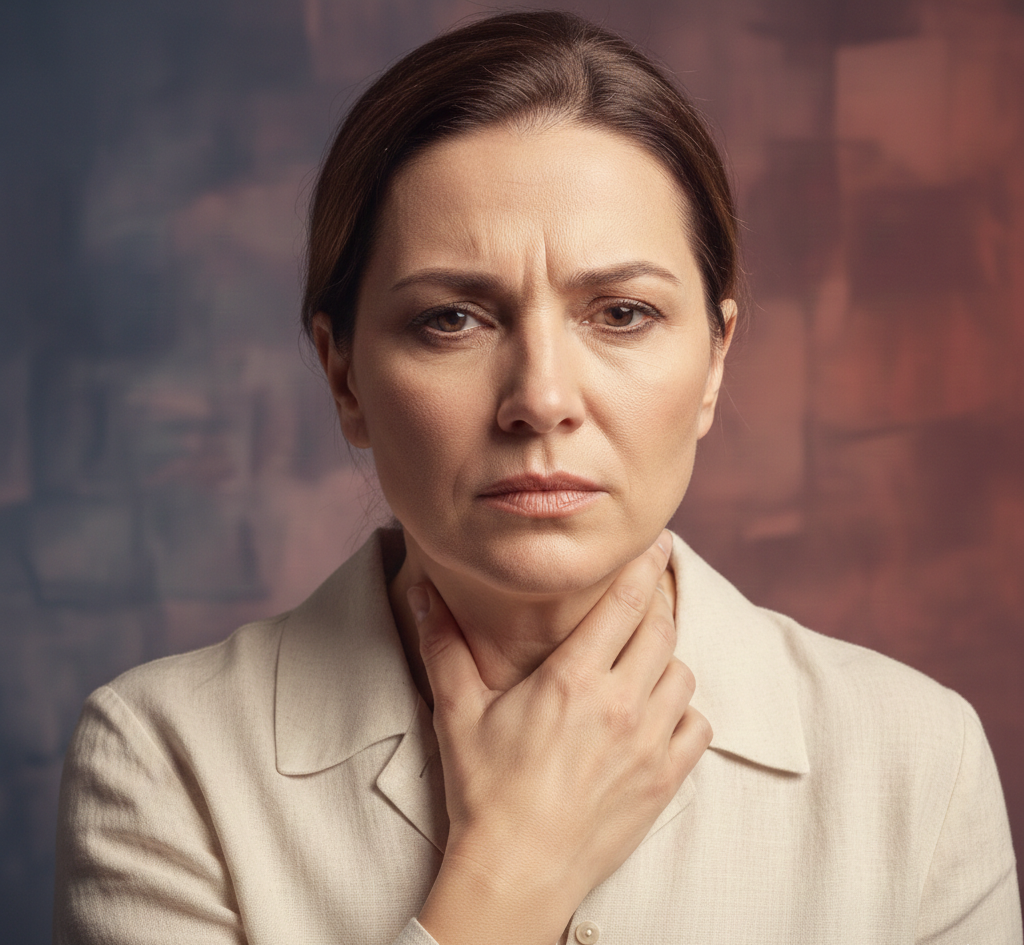 Portret žene ozbiljnog i potisnutog izraza lica koja drži ruku na grlu, simbolizujući potisnutu emociju i reči koje ostaju neizrečene, u tonovima bež i zagasito bordo boje.
