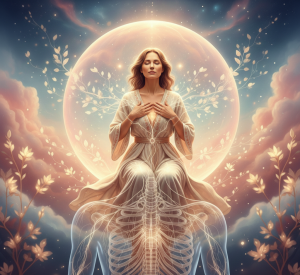 Simbolična ilustracija žene u smirenoj meditativnoj pozi, čija je figura povezana sa anatomskim prikazom nervnog sistema i kičme koji svetle, dok je u pozadini nežni svetleći krug i cvetni motivi u krem, roze i zlatnim tonovima