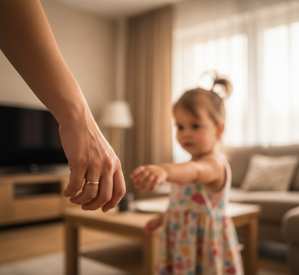 Krupni plan ženske ruke sa venčanim prstenom koja se pruža ka maloj devojčici u šarenoj haljini; scena je topla, u osunčanom dnevnom boravku, sa fokusom na trenutak prvog kontakta i povezivanja.