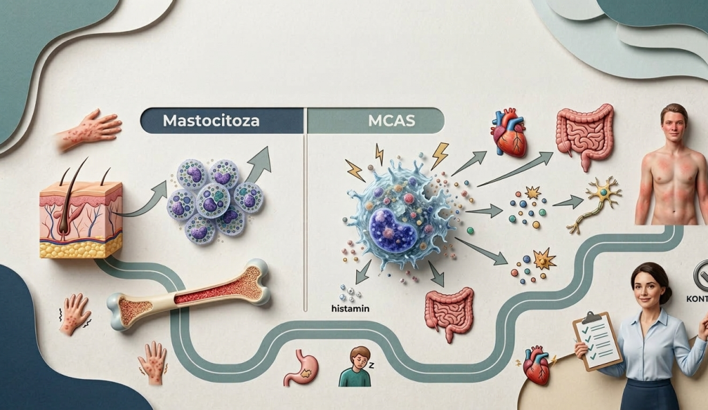 Medicinska infografika koja prikazuje razliku između mastocitoze i MCAS-a kroz ilustracije ćelija, organa i simptoma poput crvenila kože.