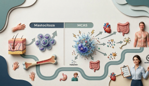 Medicinska infografika koja prikazuje razliku između mastocitoze i MCAS-a kroz ilustracije ćelija, organa i simptoma poput crvenila kože.