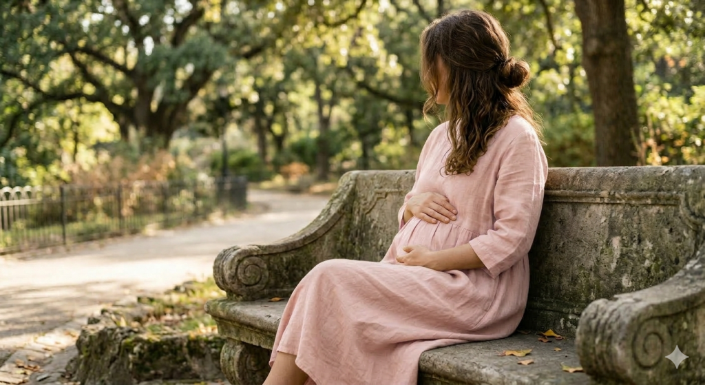 Trudnica sedi na klupi u prirodi i drži stomak, simbol nade uprkos dijagnozi endometrioze