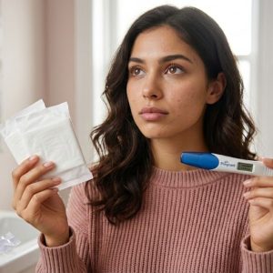Mlada žena u kupatilu sa zamišljenim izrazom lica, drži test za trudnoću u jednoj i higijenske uloške u drugoj ruci, ilustrujući dilemu o endometriozi