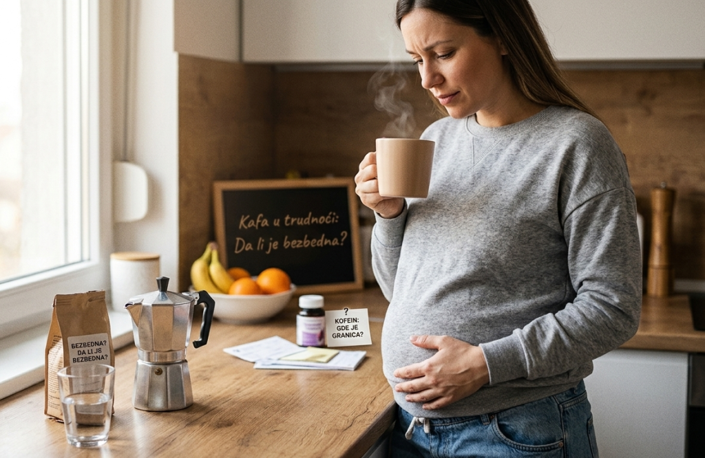 Realistična fotografija trudnice u kuhinji koja zamišljeno gleda u šolju kafe. Na kuhinjskoj radnoj površini nalaze se moka pot, kesica kafe i beleške sa pitanjima o bezbednosti kofeina, što simbolizuje preispitivanje navika u trudnoći