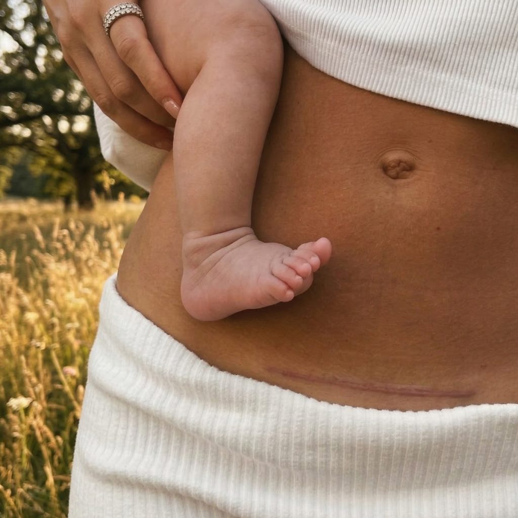 Ožiljak od operacije i bebino stopalo kao simbol pobede nad endometriozom i neplodnošću.