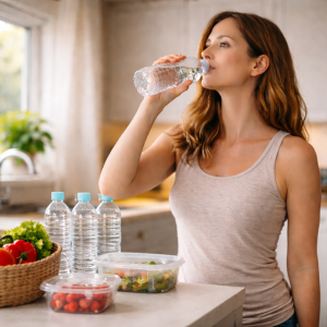 Žena pije vodu iz plastične flaše u kuhinji – svakodnevna izloženost mikroplastici kroz vodu i ambalažu