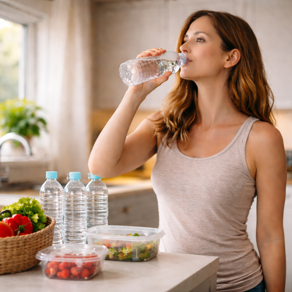 Žena pije vodu iz plastične flaše u kuhinji – svakodnevna izloženost mikroplastici kroz vodu i ambalažu