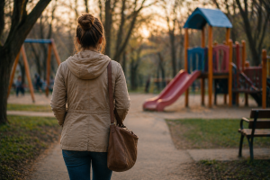 žena se vidi s leđa dok hoda kroz dečji park – miran trenutak razmišljanja i suočavanja s unutrašnjim osećanjima