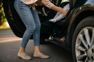 žena uzima dete iz auto-sedišta kroz otvorena vrata automobila – trenutak brige, žurbe i snažne emocije