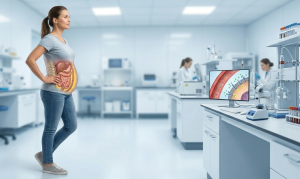 Široki kadar moderne laboratorije sa medicinskim stručnjacima u pozadini. U prvom planu je ženska figura sa poprečnim presekom abdomena koji prikazuje jetru i creva, fokusirajući se na unutrašnje metaboličke procese.