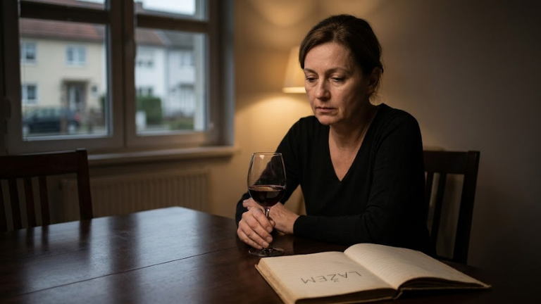 Usamljena žena srednjih godina sedi za stolom u polumraku sa čašom vina, sa izrazom duboke tuge i umora na licu, ilustrujući teret dugogodišnjeg skrivanja istine o lošem braku.