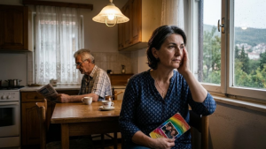 Crnogorska majka sedi u kuhinji, u krilu krije šareni letak dok joj je pogled usmeren ka prozoru, pun tuge i ponosa. U pozadini se vidi senka muža koji sedi za stolom, simbolišući jaz između stare škole i tajne koju ona čuva.