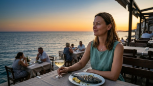 Zrela, negovana žena, sedi sama za stolom restorana uz obalu mora tokom zalaska sunca. Ispred nje su čaša belog vina i tanjir s ribom; ona gleda u pučinu s blagim, mirnim osmehom.