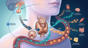 Medicinska ilustracija koja prikazuje rad štitne žlezde i njenu vezu sa hipofizom putem TSH hormona. Prikazan je protok hormona T3 i T4 kroz krvotok i njihov uticaj na srčani ritam, kognitivne funkcije, rast mišića, varenje i metabolizam.