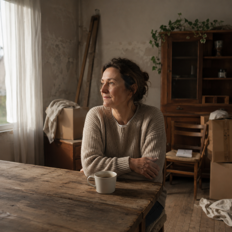 Žena sedi sama za drvenim stolom sa šoljom kafe, zamišljeno gleda kroz prozor u tihom i polupraznom domu, dok kutije u pozadini nagoveštavaju novi početak nakon emotivnog životnog perioda.