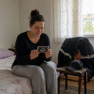 Žena sedi na krevetu i sa suzama u očima drži ultrazvučnu fotografiju bebe, dok pored nje stoje radna jakna i kačket, stvarajući intimnu i emotivnu atmosferu dugo čekane trudnoće i porodične nade.