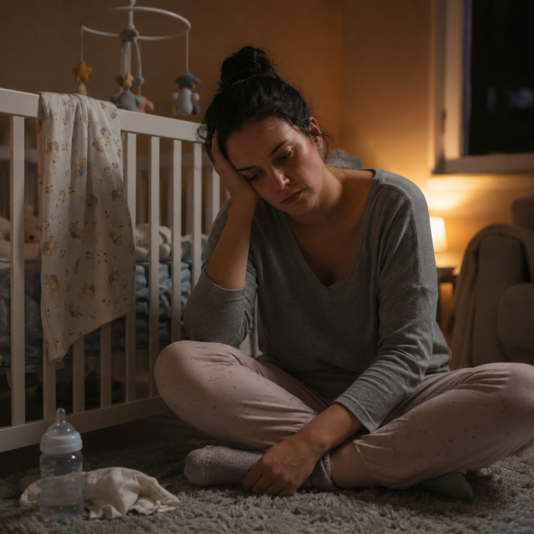 Umorna žena sedi na podu pored bebinog kreveca u polumračnoj sobi, zamišljenog i iscrpljenog izraza lica, dok flašica i dečje stvari oko nje stvaraju atmosferu emocionalnog i fizičkog umora nakon porođaja.