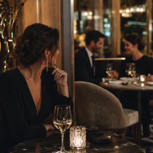 Elegantno obučena žena sedi sama u restoranu i posmatra par za susednim stolom, dok atmosfera večernjeg izlaska i njen zamišljen pogled stvaraju osećaj usamljenosti, čežnje i emotivne distance u tajnoj vezi.
