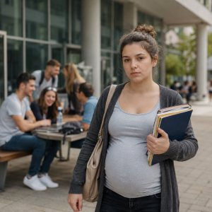 Mlada trudna studentkinja stoji ispred fakulteta sa knjigama u rukama, dok grupa vršnjaka razgovara u pozadini, stvarajući atmosferu usamljenosti, nesigurnosti i suočavanja sa trudnoćom u ranim dvadesetim godinama.