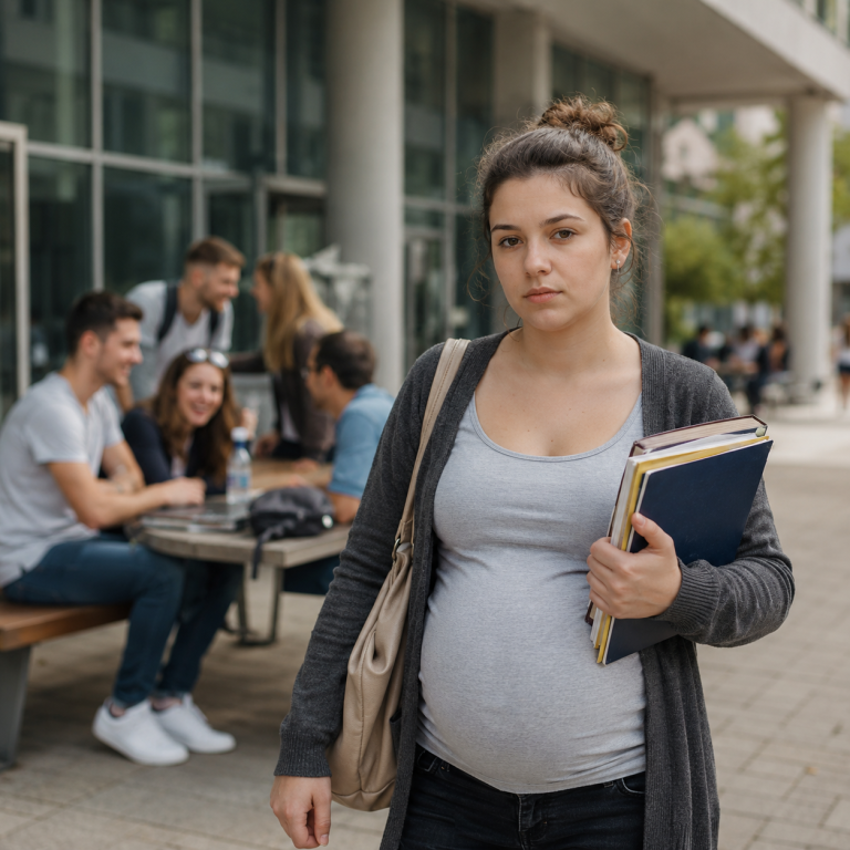 Mlada trudna studentkinja stoji ispred fakulteta sa knjigama u rukama, dok grupa vršnjaka razgovara u pozadini, stvarajući atmosferu usamljenosti, nesigurnosti i suočavanja sa trudnoćom u ranim dvadesetim godinama.