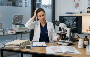 Žena lekar u belom mantilu sedi za radnim stolom u modernoj laboratoriji, delujući zamišljeno sa rukom na glavi dok analizira kompleksne medicinske podatke. Na stolu se nalaze mikroskop, otvoreni medicinski dnevnik sa ilustracijama štitne žlezde i beleškama o anti-TPO antitelima, dok monitor u pozadini prikazuje ultrazvučni snimak štitne žlezde. Scena je ispunjena laboratorijskom opremom poput centrifuge i bočica sa natpisima „selena“ i „cinka“, naglašavajući dubinsko istraživanje uzroka simptoma.
