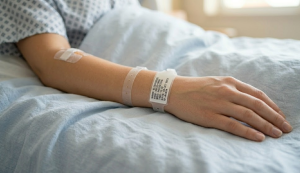 Krupni plan ruke trudnice u bolničkom krevetu sa medicinskim narukvicama.