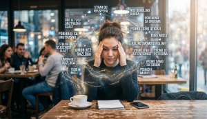 Vizuelni prikaz savremene žene u svetlom kafiću, okružene magičnim iskrama i digitalnim oblakom toksičnih misli i društvenih pritisaka, ilustrujući unutrašnju borbu za tišinu i autentičnost.