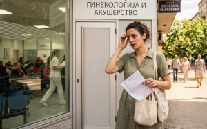 Zabrinuta žena u letnjoj haljini stoji ispred ginekološke klinike u sunčanoj ulici, držeći medicinski izveštaj i rukom se držeći za glavu. Kroz stakleni izlog u pozadini vidi se puna čekaonica, dok ulicom prolaze ljudi.
