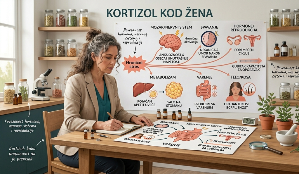 Realističan prikaz žene sa sedom kosom u bež blejzeru i teget košulji, koja sedi za drvenim stolom u svetloj prostoriji. Ispred nje se nalazi velika edukativna tabla sa naslovom „KORTIZOL KOD ŽENA“, koja kroz ilustracije povezuje hronični stres sa simptomima kao što su anksioznost, nesanica, poremećen ciklus, opadanje kose i salo na stomaku. Na stolu su beležnica, bočice sa suplementima i saksije sa biljem, dok pozadinu krase police sa teglama lekovitog bilja.