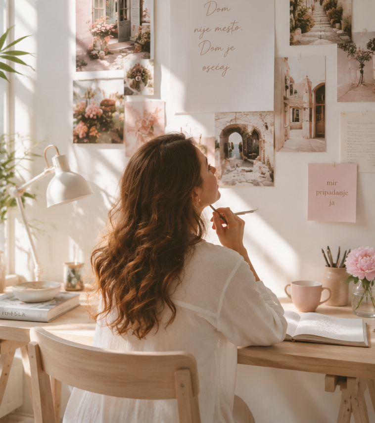 Žena sedi za svetlim drvenim stolom u sunčanoj prostoriji i posmatra zid inspiracije ispunjen fotografijama domova, prozora i toplih enterijera. Prostor je uređen u nežnim krem, roze i bež tonovima, sa biljkama, knjigama i šoljom kafe koji stvaraju atmosferu traganja za osećajem doma i pripadanja.